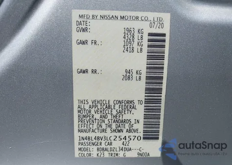 2020 Nissan Altima S Fwd from USA, damaged, VIN 1N4BL4BV3LC254570